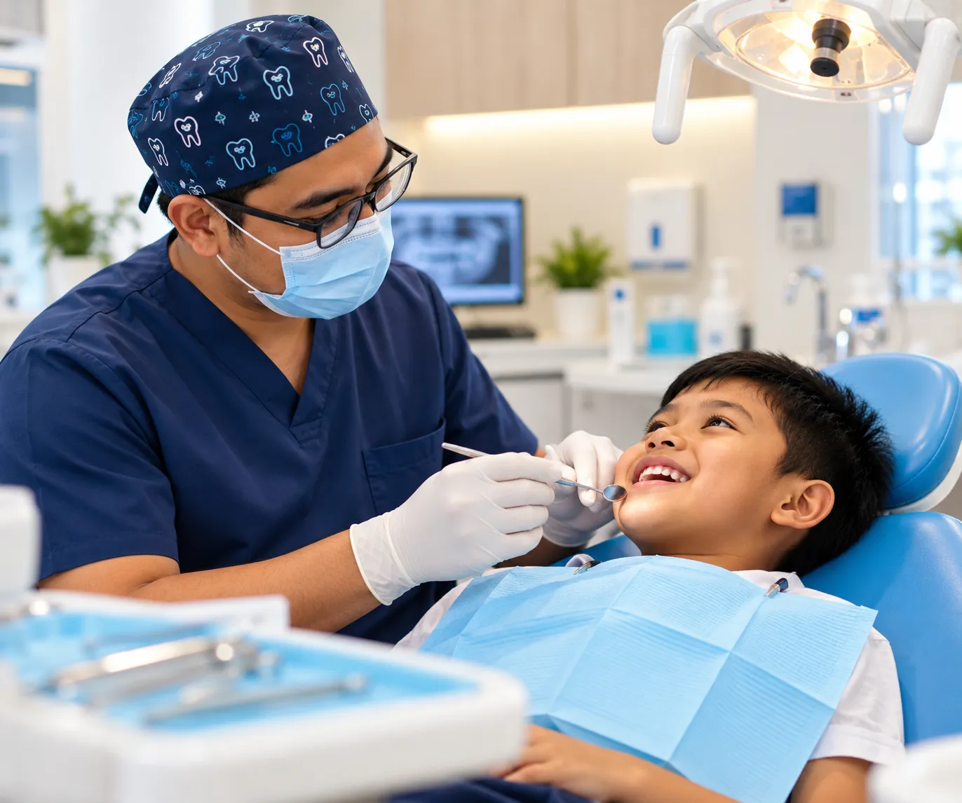 Dentist treating a young patient at Klinik Pergigian Alam Impian