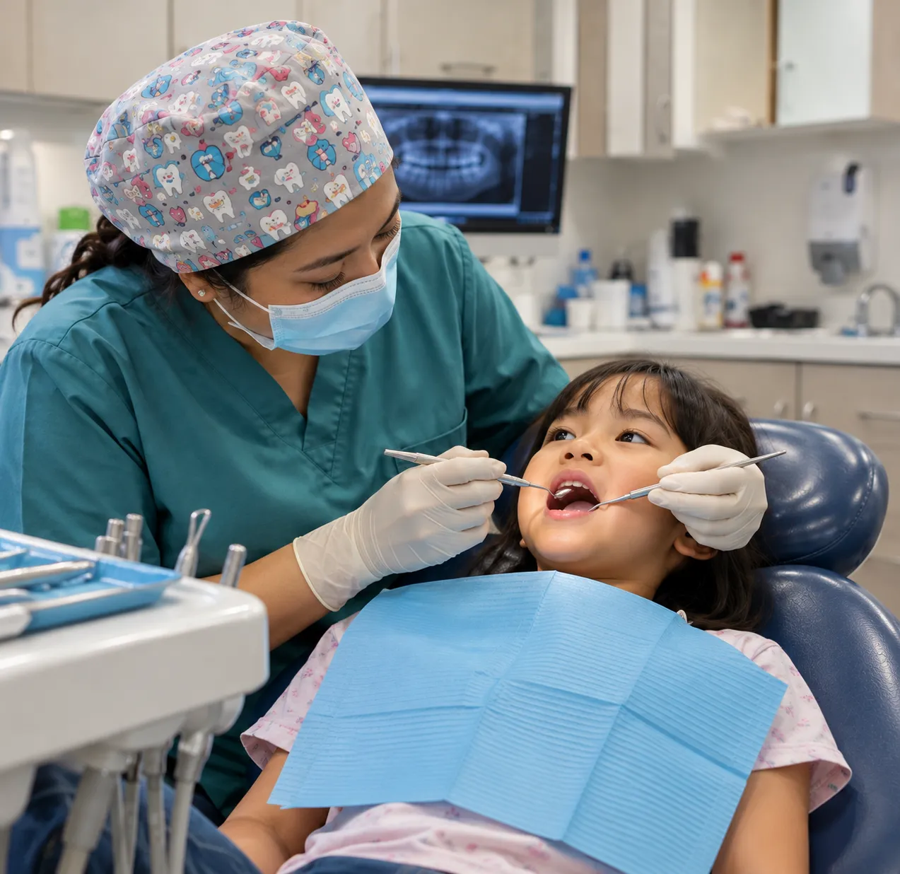 Paediatric dentist with a child patient