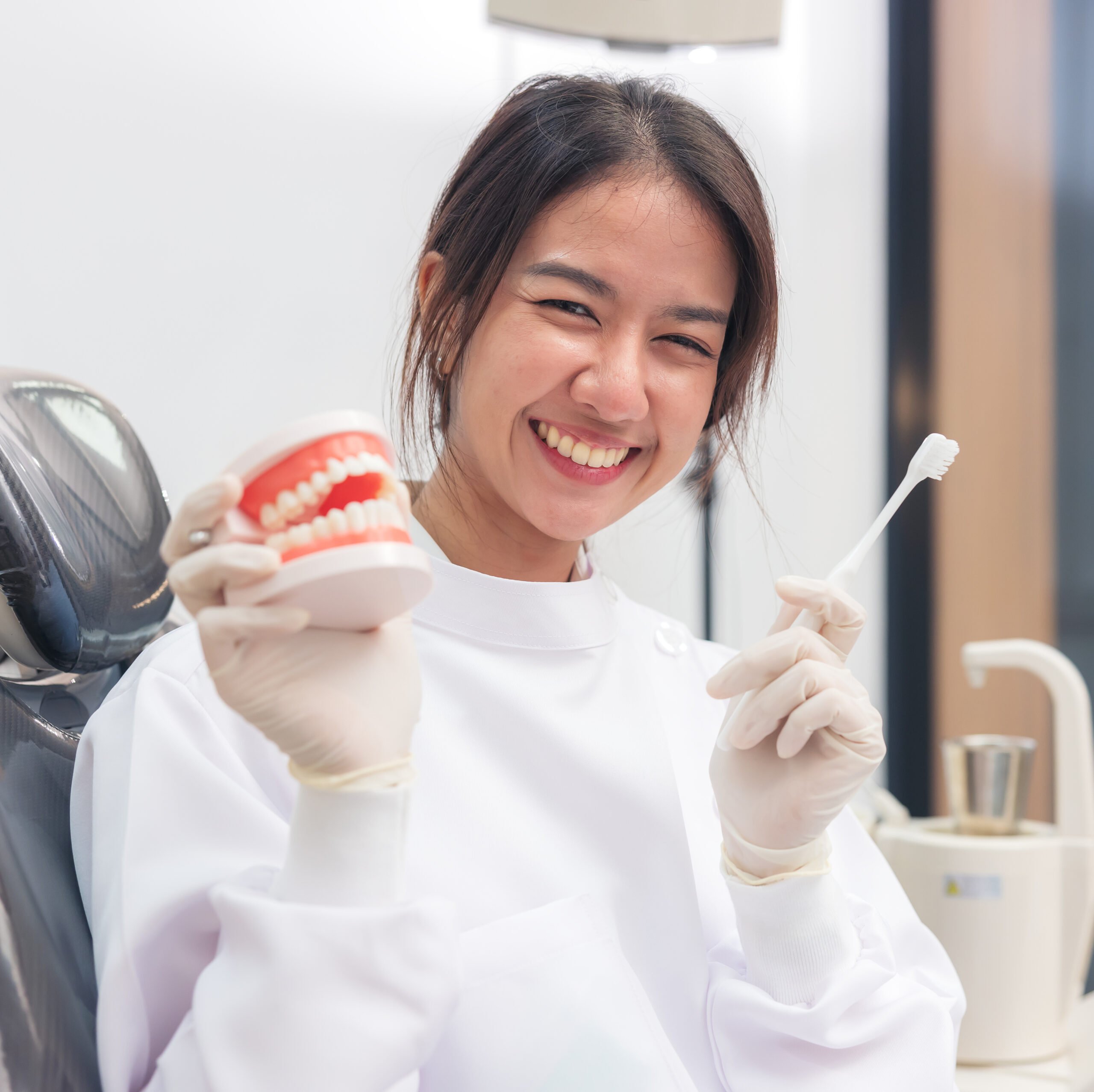 artificial jaw doctor clearly demonstrates how brush patients teeth 1 scaled